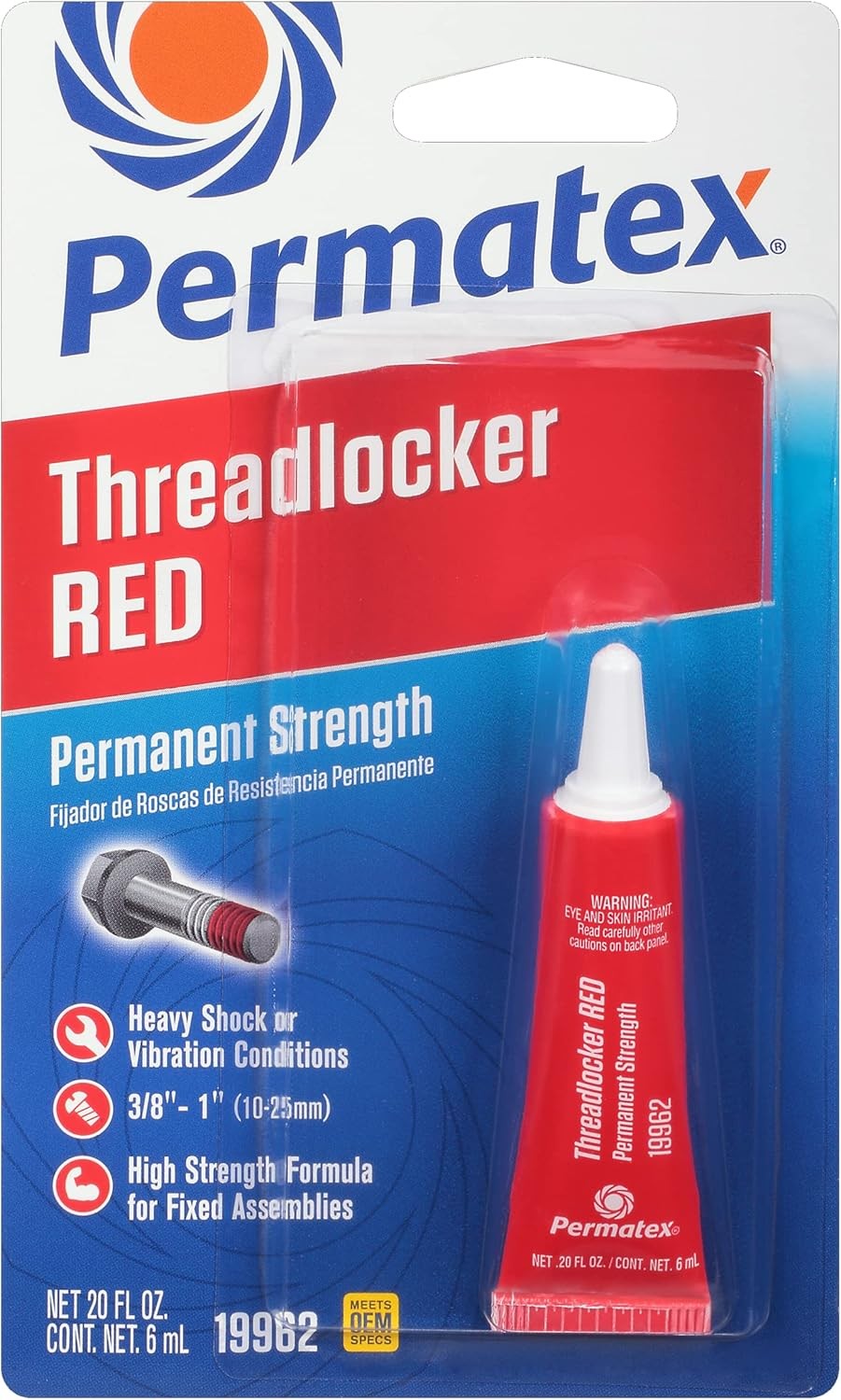 Permatex 19962 Permanent Strength Threadlocker Red, 6 ml Tube