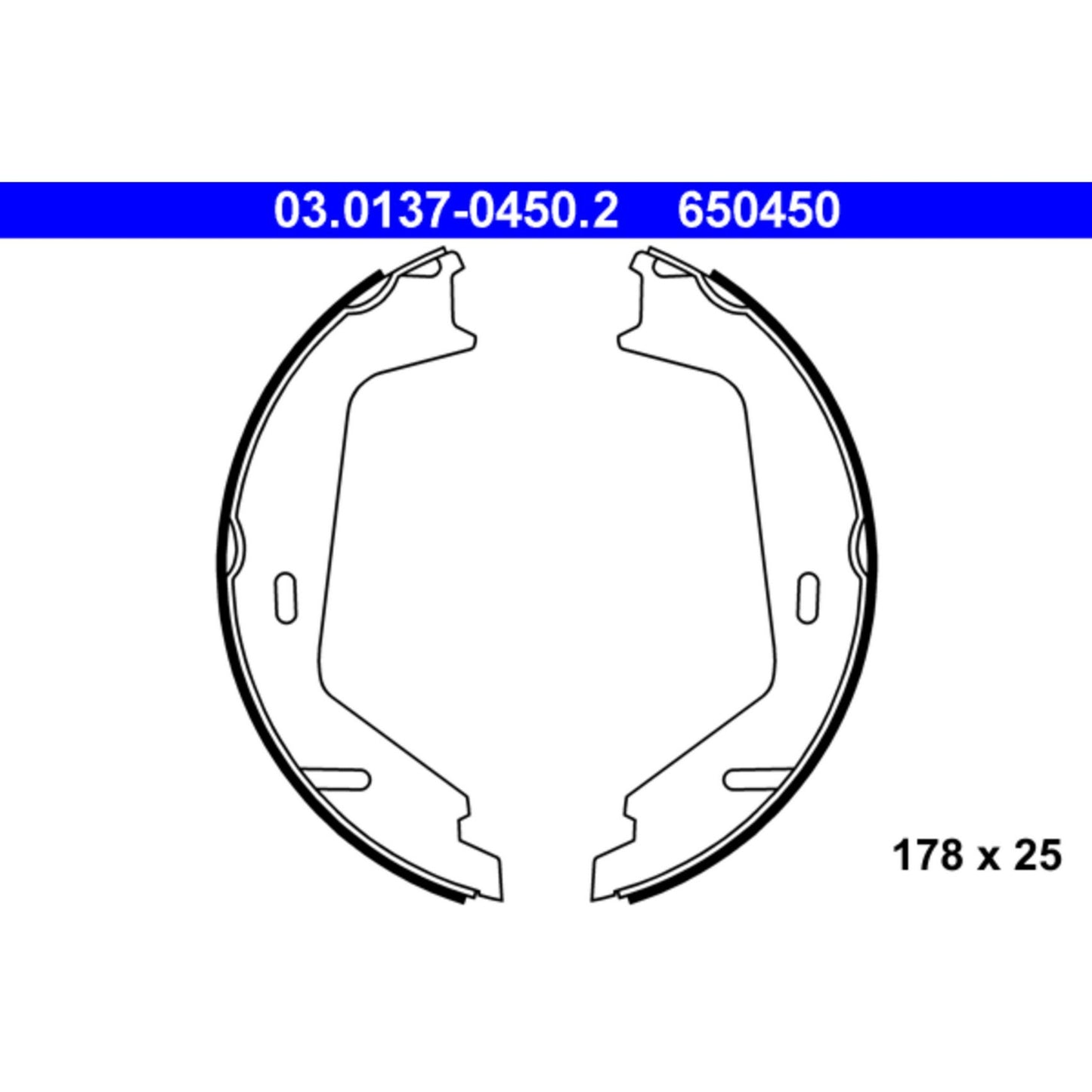 Front View of Parking Brake Shoe Set ATE 650450