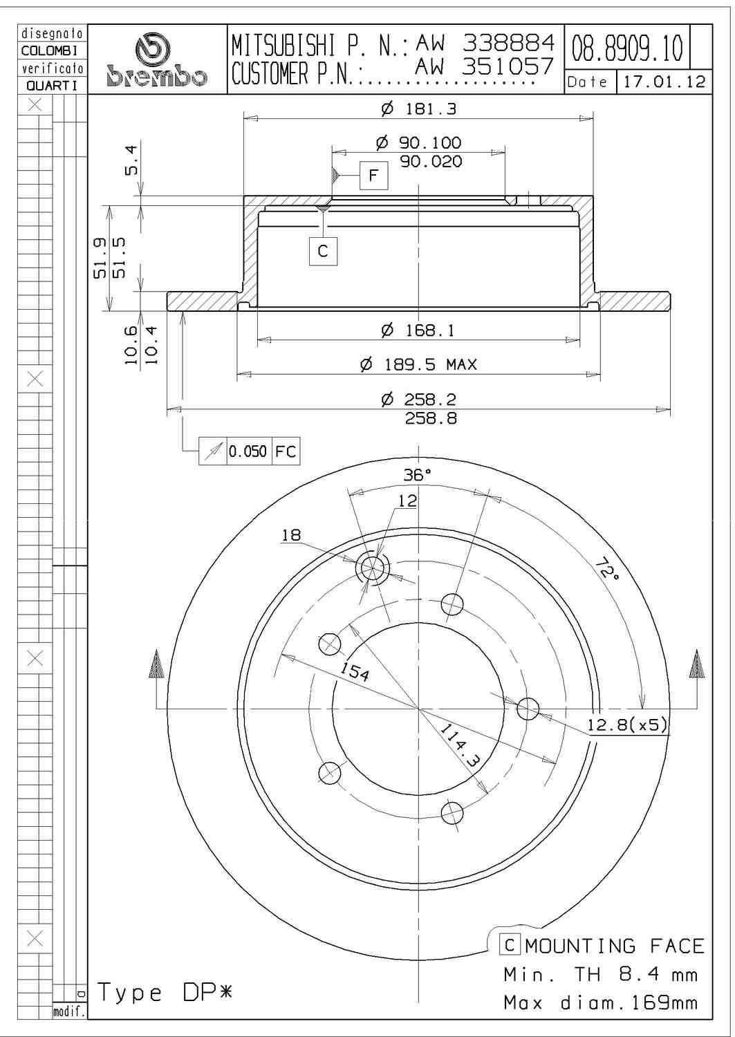 Angle View of Rear Disc Brake Rotor BREMBO 08.8909.10