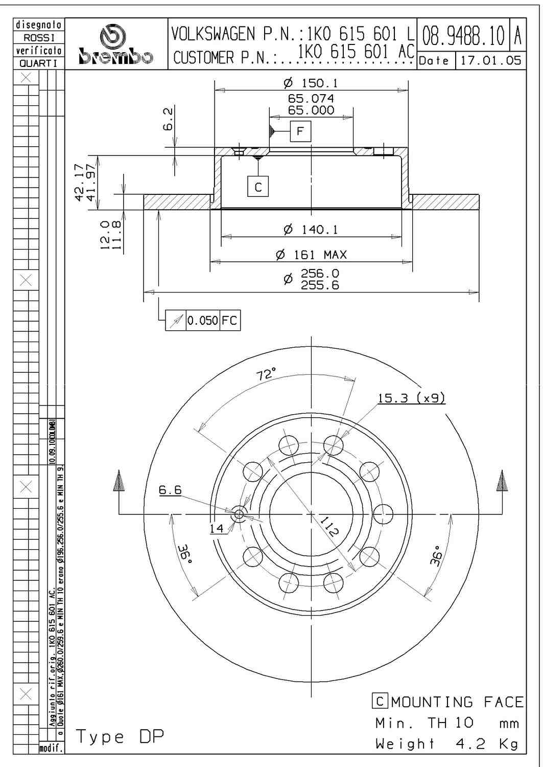 Angle View of Rear Disc Brake Rotor BREMBO 08.9488.11