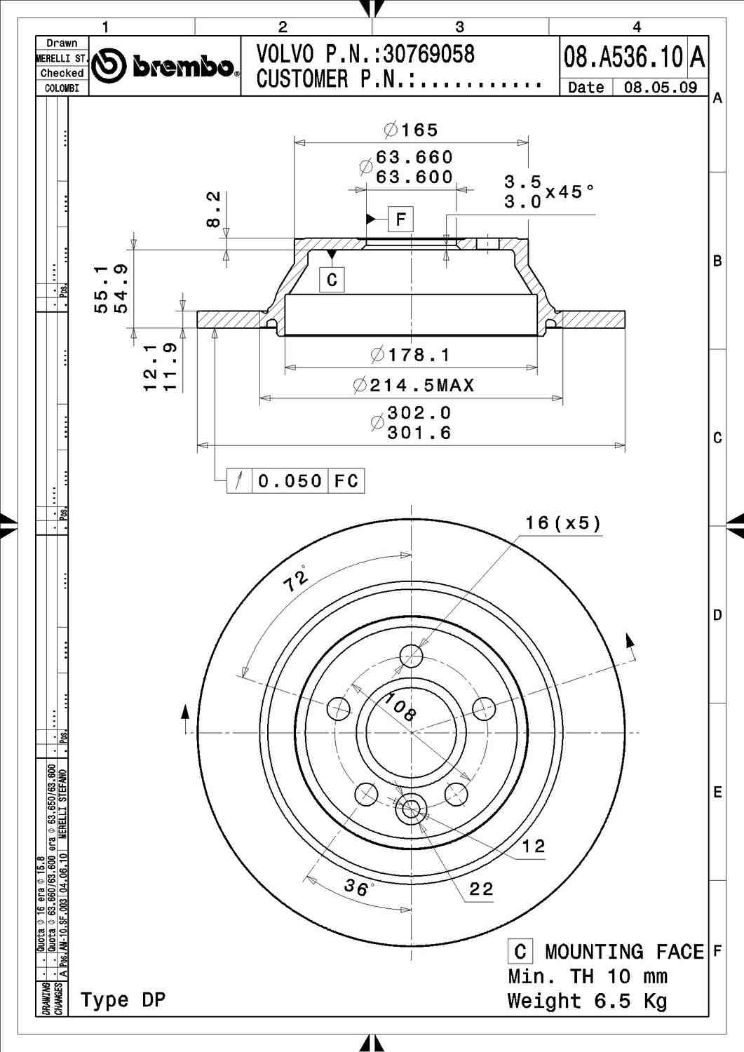 Angle View of Rear Disc Brake Rotor BREMBO 08.A536.11