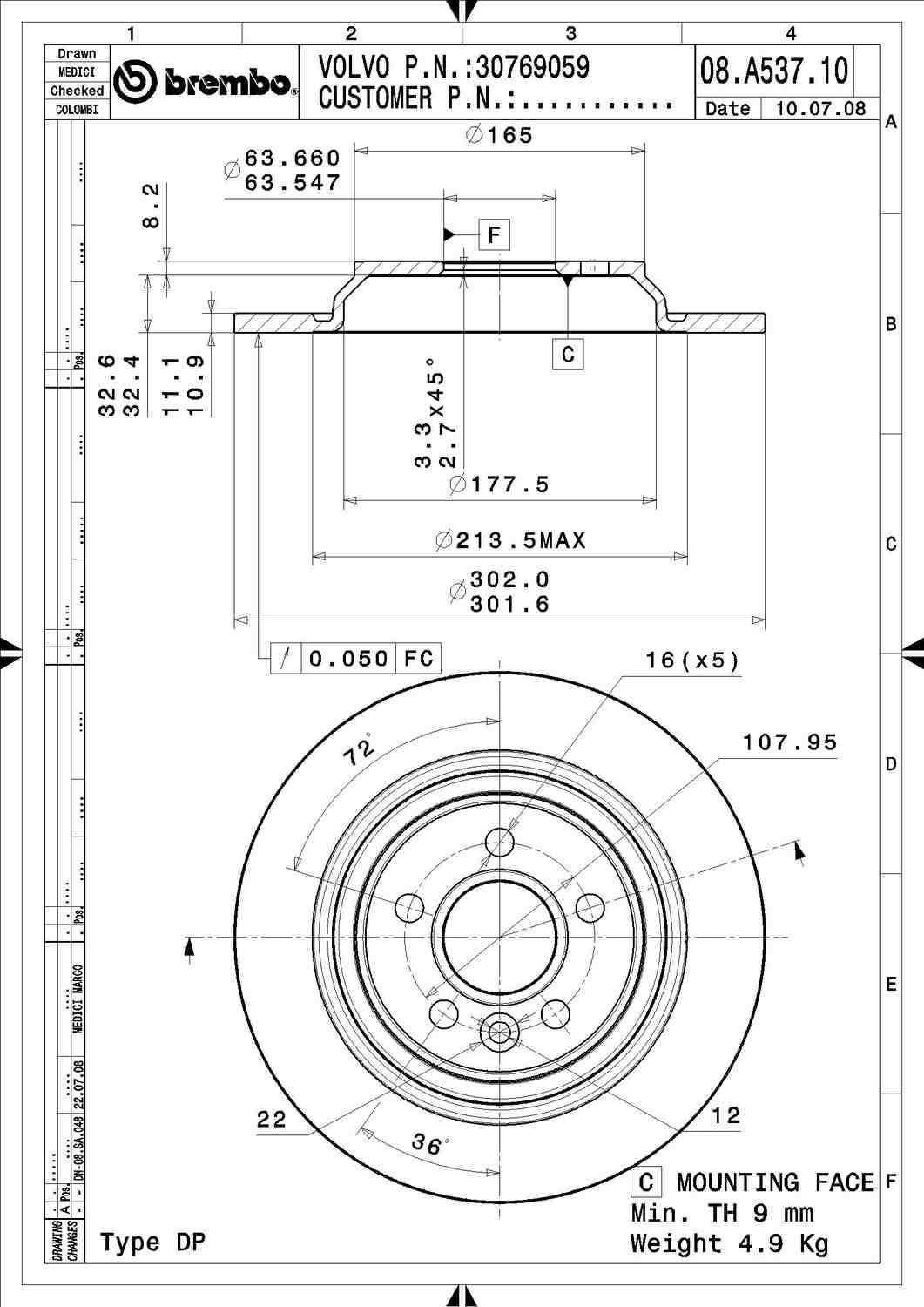 Angle View of Rear Disc Brake Rotor BREMBO 08.A537.11