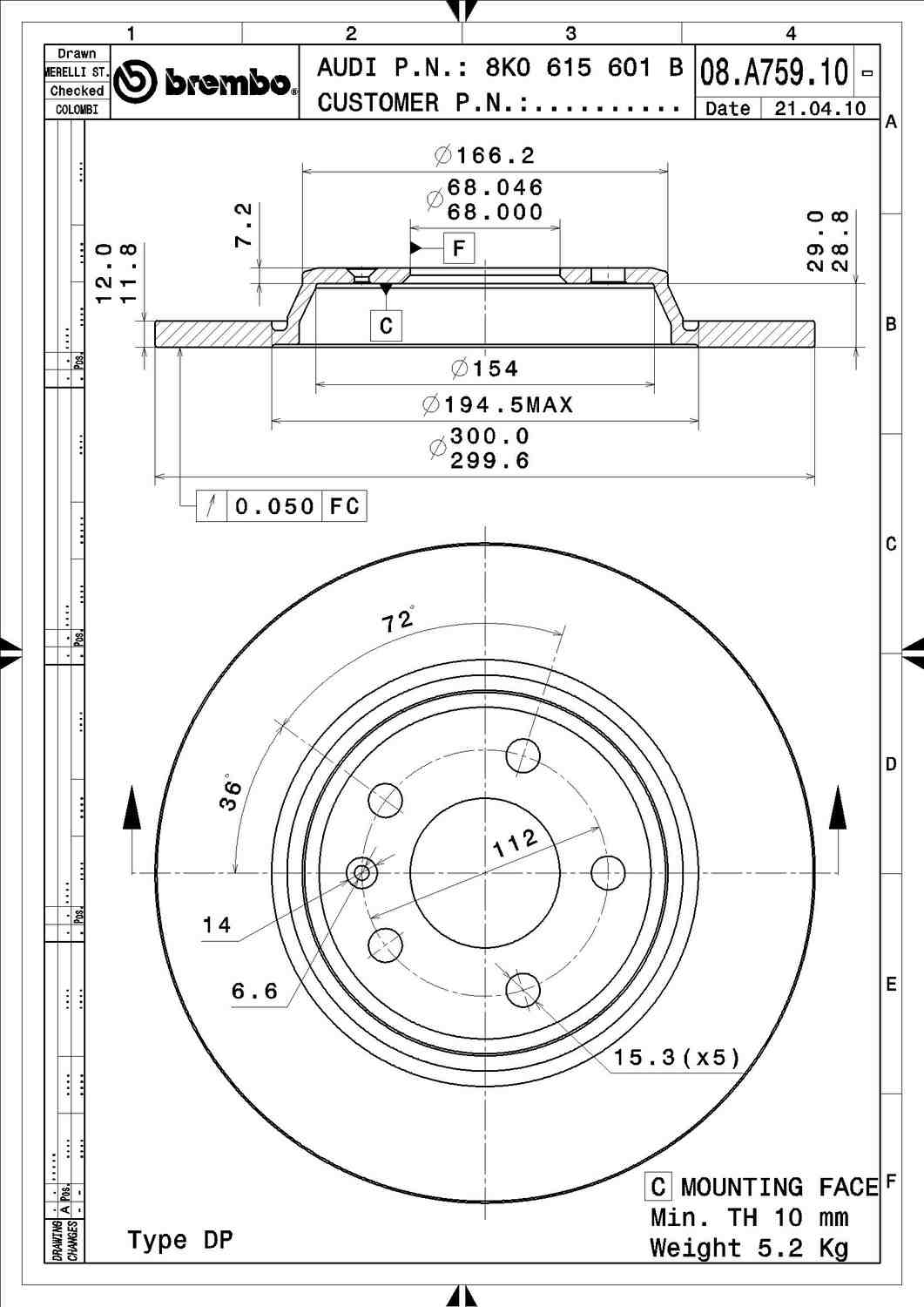 Angle View of Rear Disc Brake Rotor BREMBO 08.A759.11