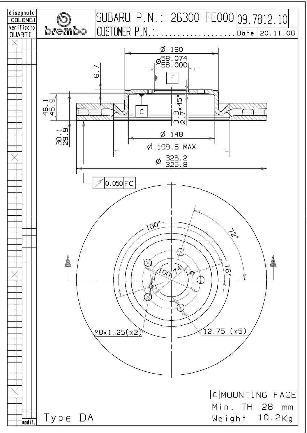 Angle View of Front Disc Brake Rotor BREMBO 09.7812.11