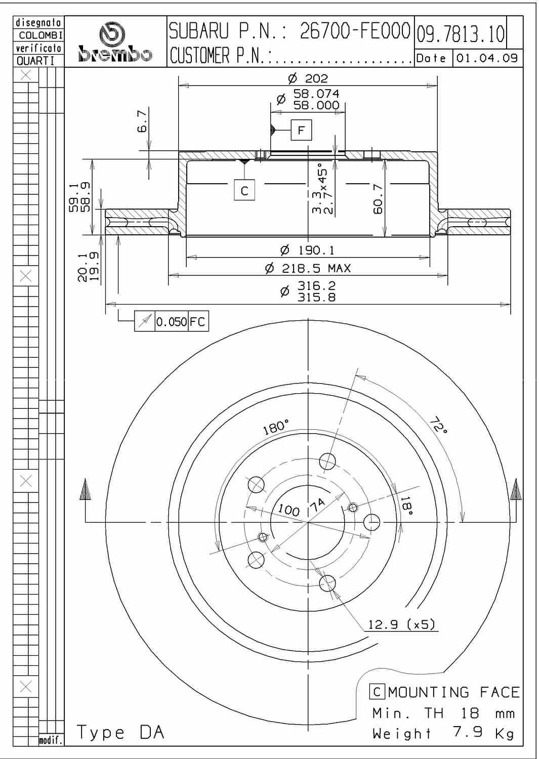 Angle View of Rear Disc Brake Rotor BREMBO 09.7813.11