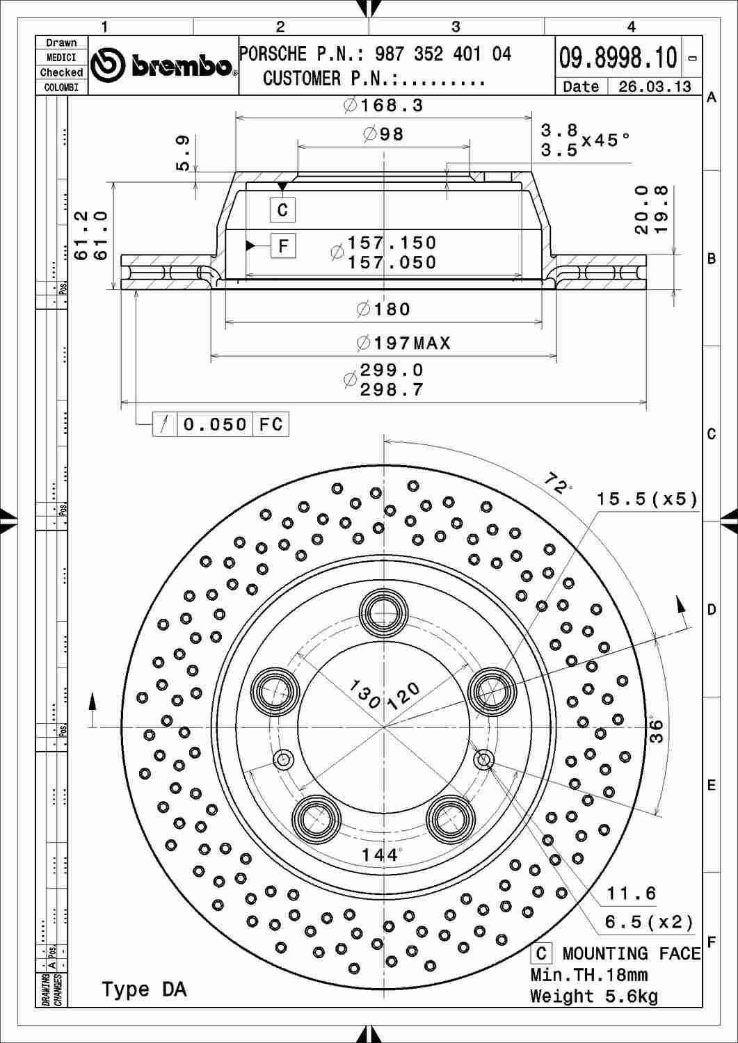 Angle View of Rear Disc Brake Rotor BREMBO 09.8998.11