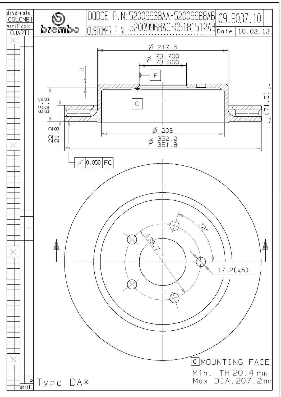 Angle View of Rear Disc Brake Rotor BREMBO 09.9037.11