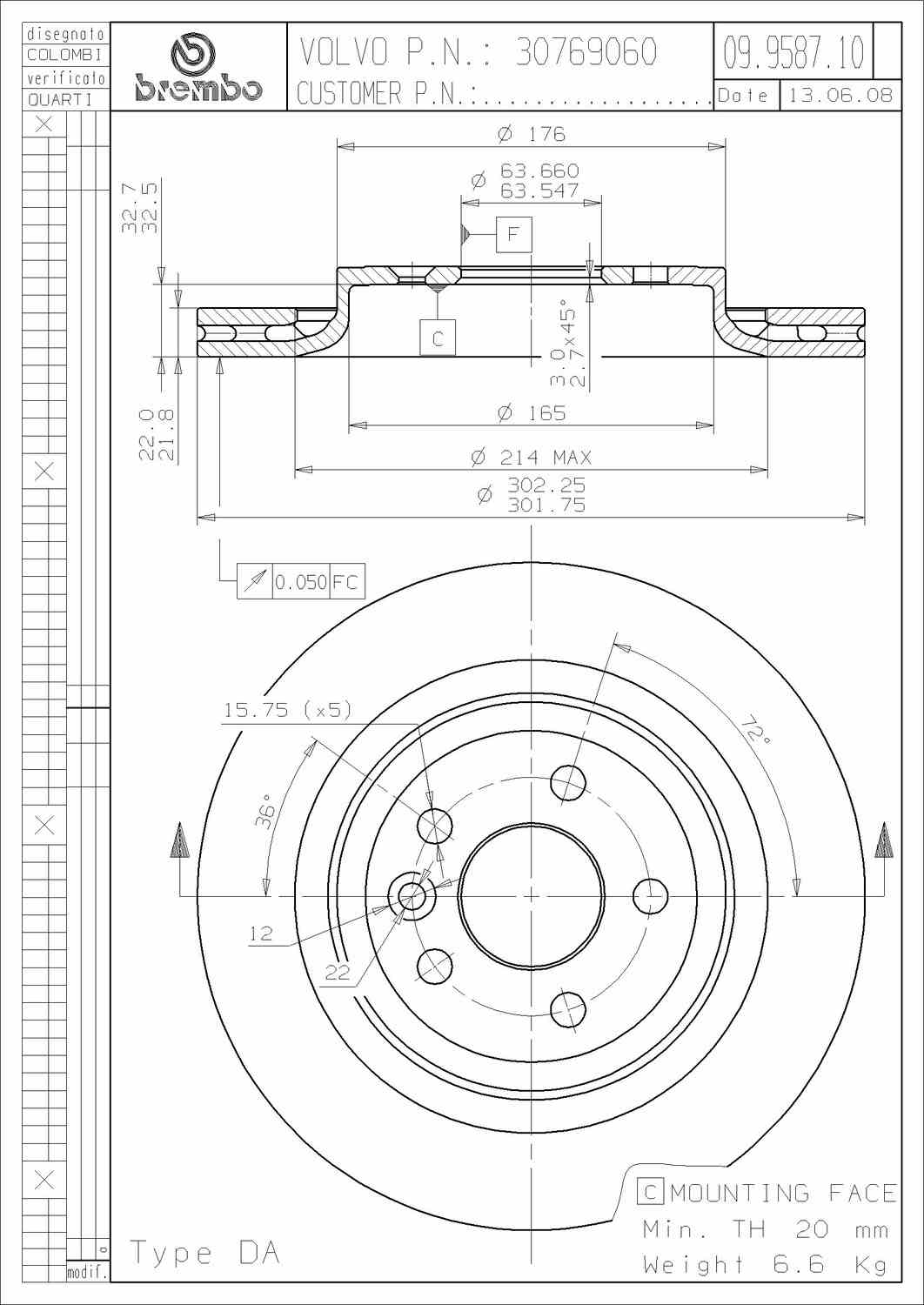 Angle View of Rear Disc Brake Rotor BREMBO 09.9587.11