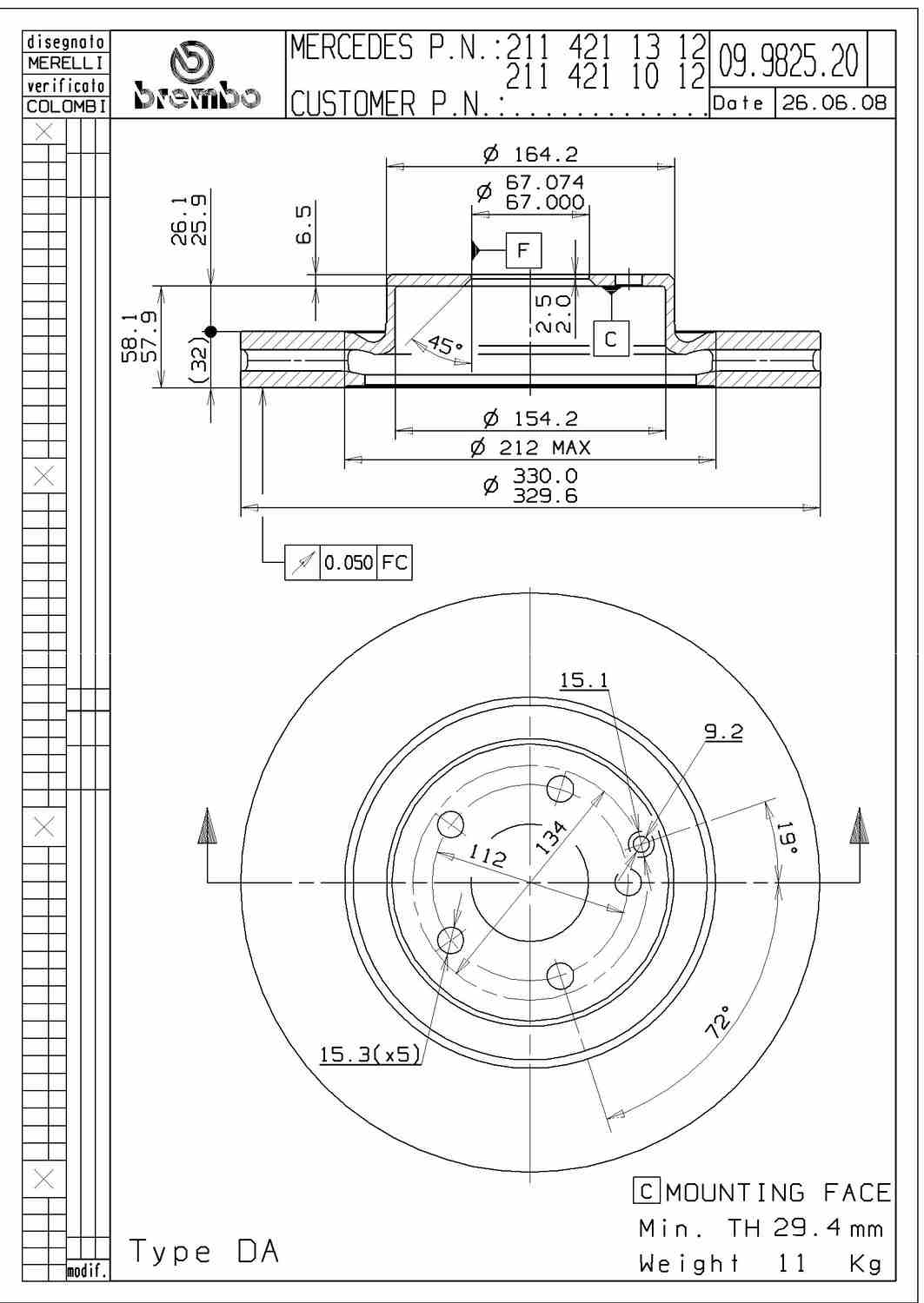 Angle View of Front Disc Brake Rotor BREMBO 09.9825.21