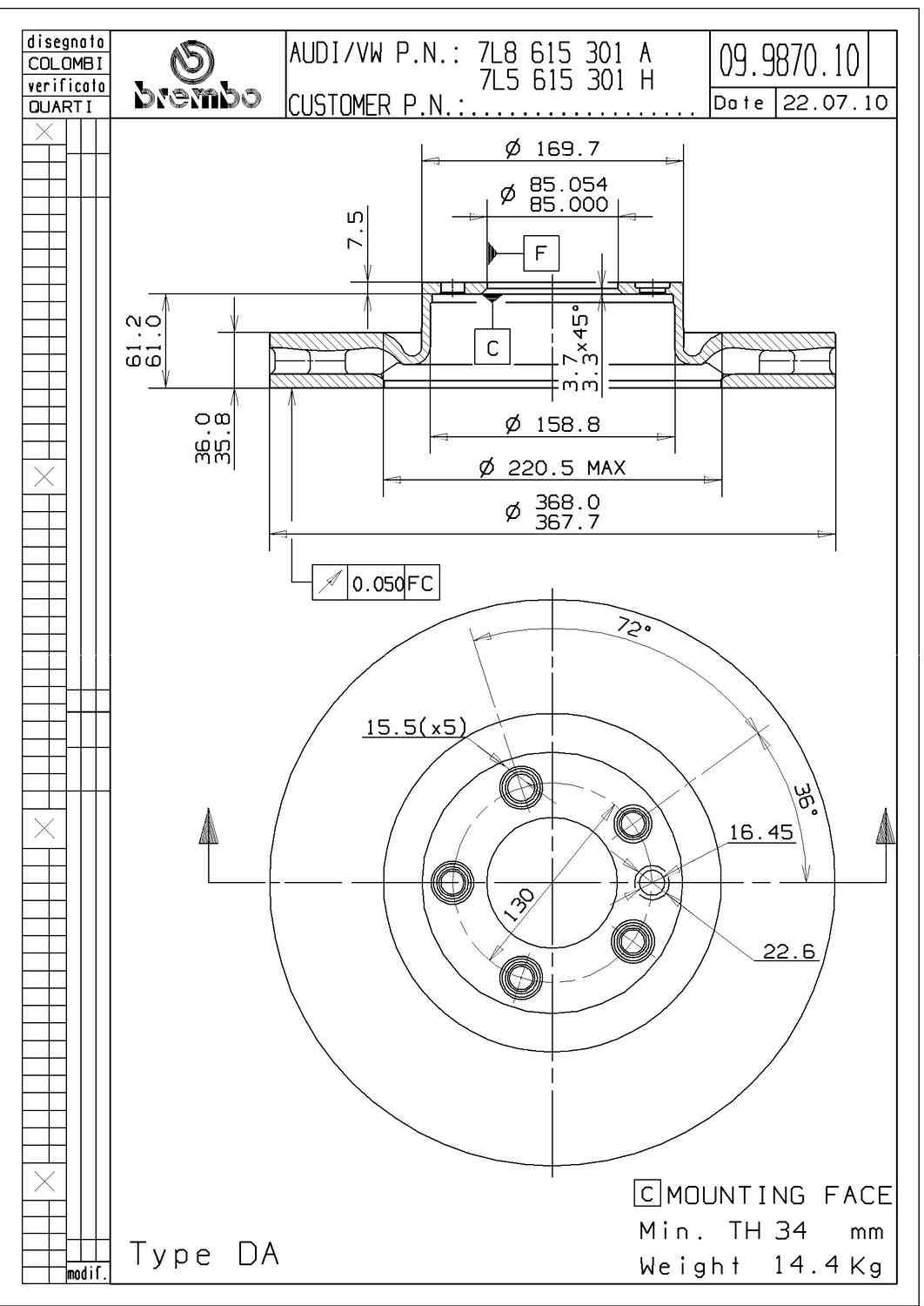 Angle View of Front Disc Brake Rotor BREMBO 09.9870.11