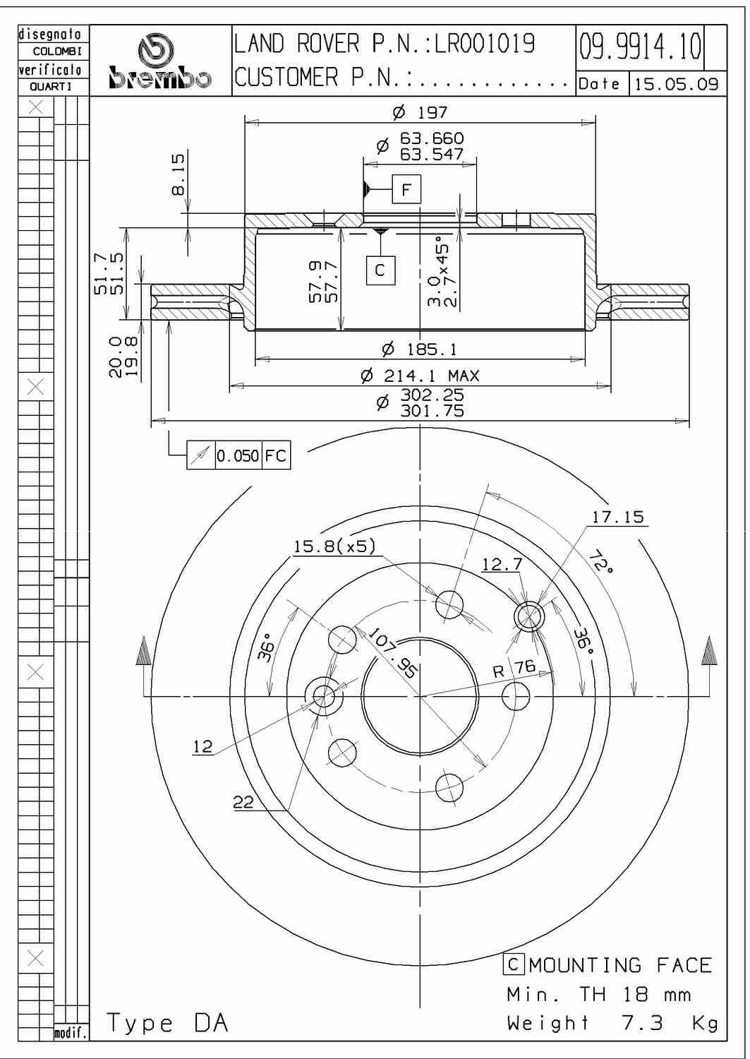 Angle View of Rear Disc Brake Rotor BREMBO 09.9914.11