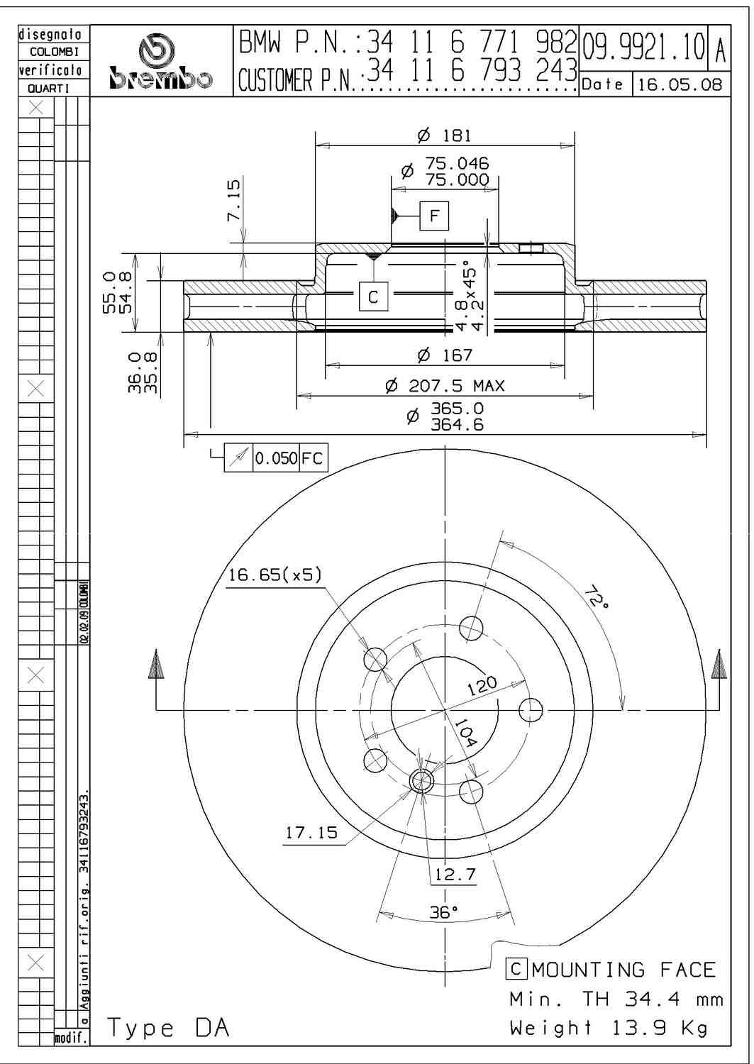 Angle View of Front Disc Brake Rotor BREMBO 09.9921.11