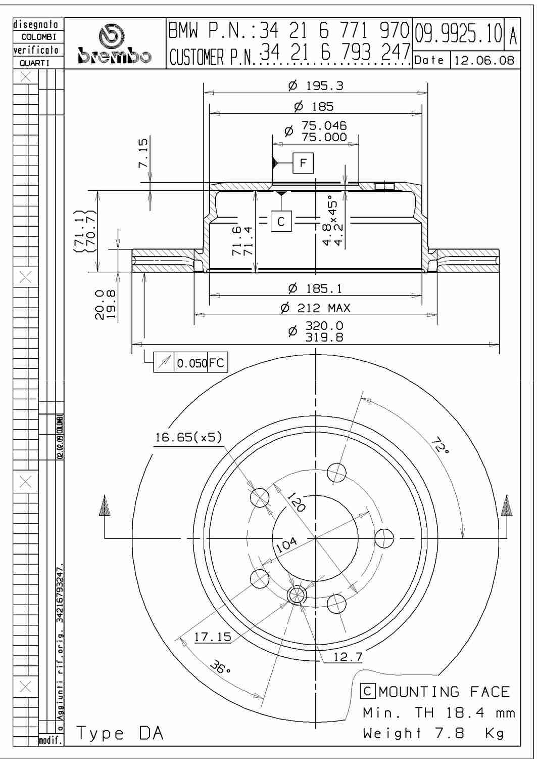 Angle View of Rear Disc Brake Rotor BREMBO 09.9925.11