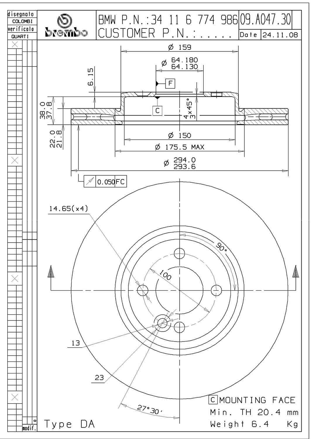 Angle View of Front Disc Brake Rotor BREMBO 09.A047.31