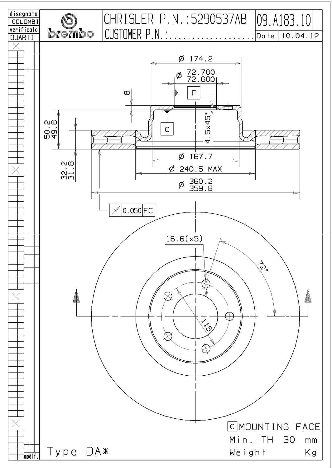 Angle View of Front Disc Brake Rotor BREMBO 09.A183.11