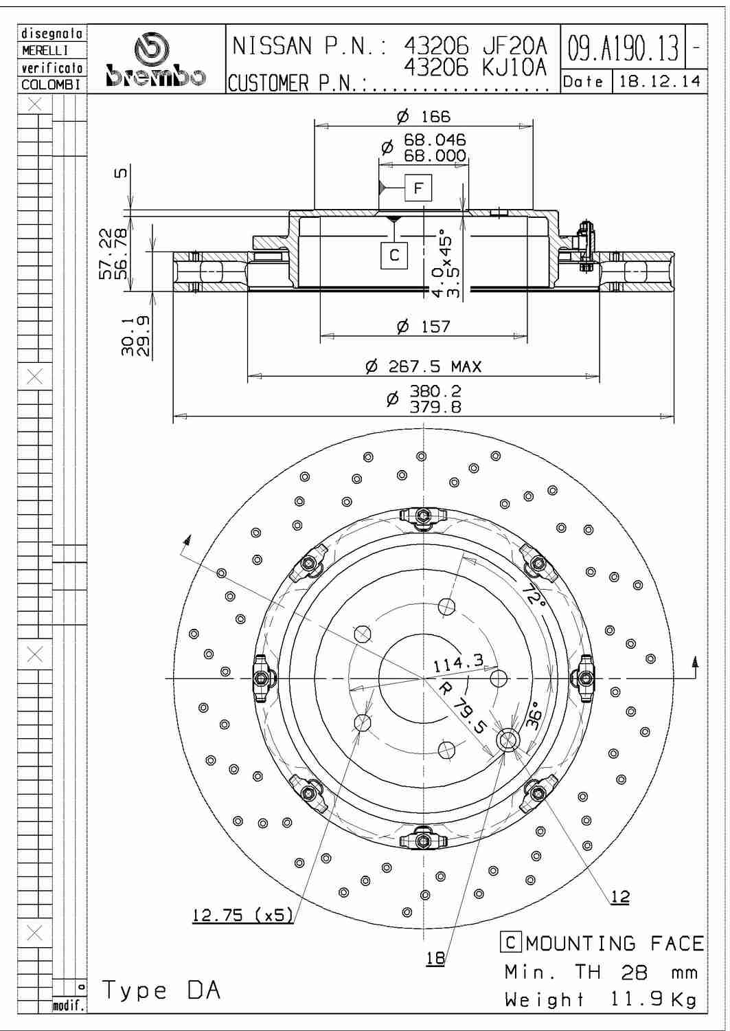 Angle View of Rear Disc Brake Rotor BREMBO 09.A190.13