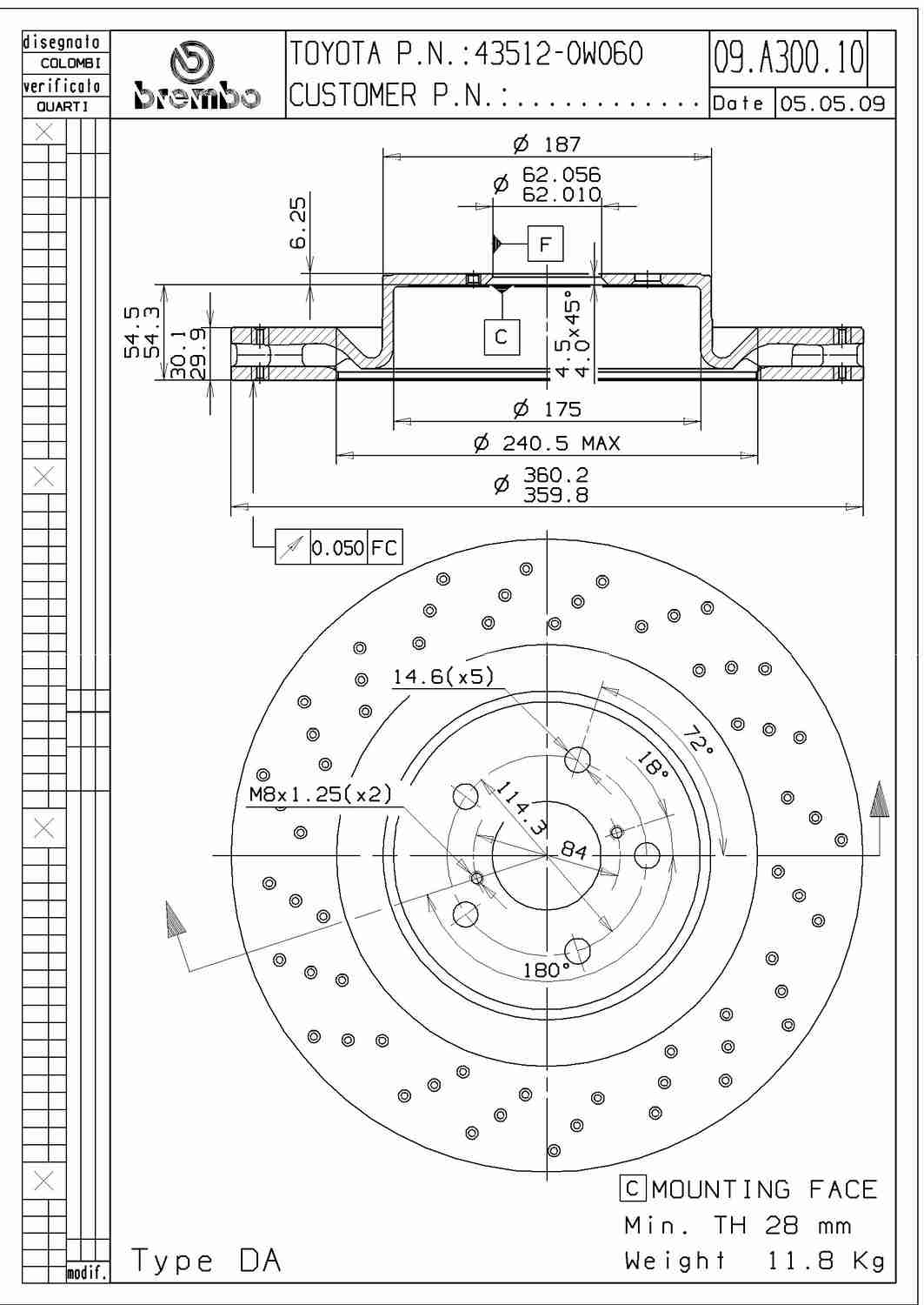 Angle View of Front Disc Brake Rotor BREMBO 09.A300.11