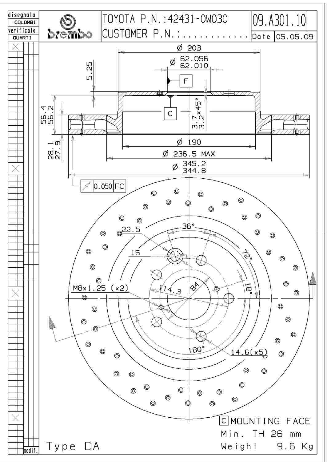 Angle View of Rear Disc Brake Rotor BREMBO 09.A301.11