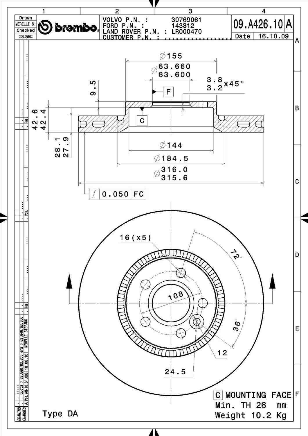 Angle View of Front Disc Brake Rotor BREMBO 09.A426.11