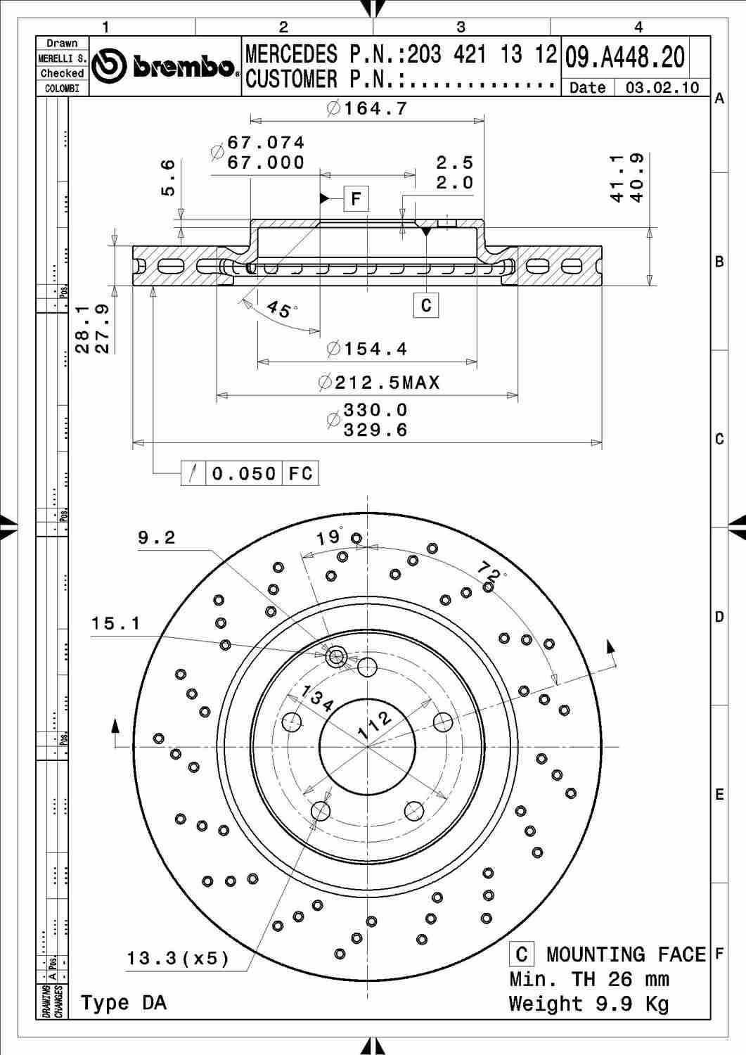 Angle View of Front Disc Brake Rotor BREMBO 09.A448.21