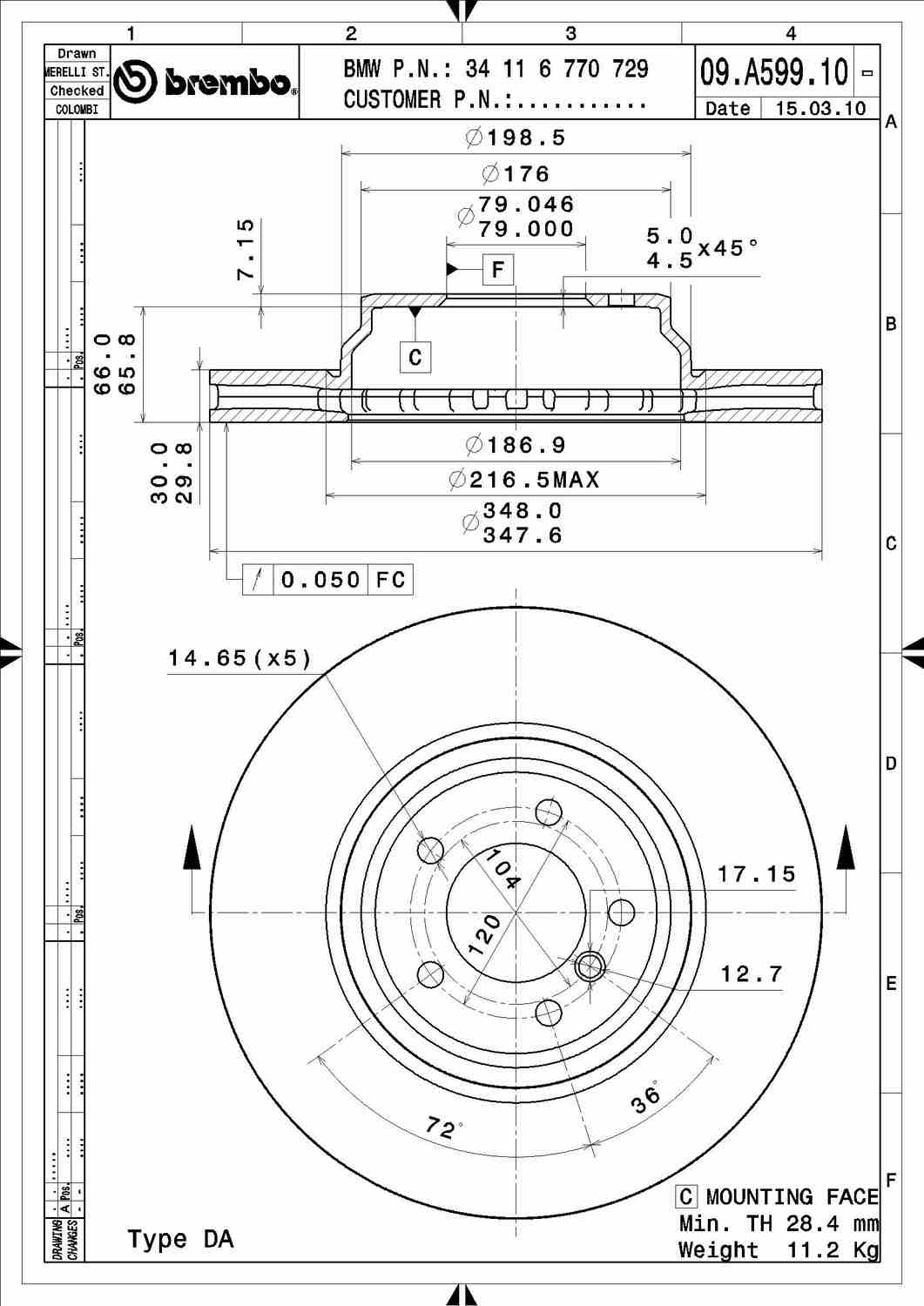 Angle View of Front Disc Brake Rotor BREMBO 09.A599.11