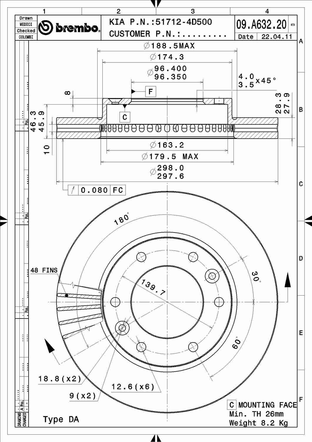 Angle View of Front Disc Brake Rotor BREMBO 09.A632.21