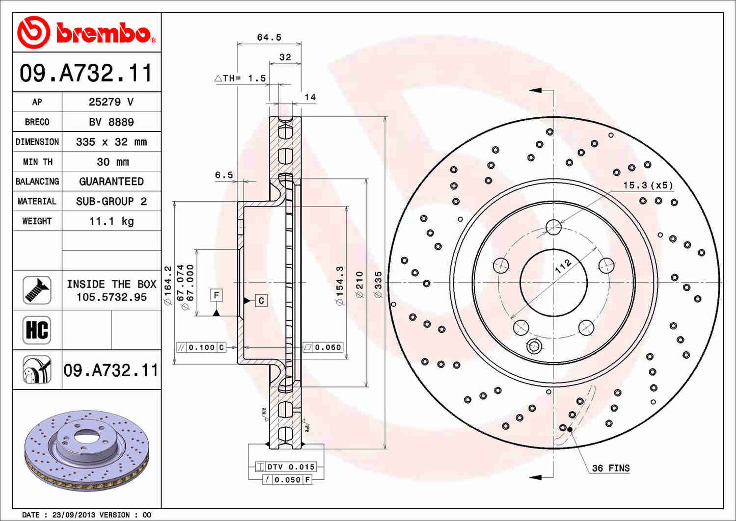 Angle View of Front Disc Brake Rotor BREMBO 09.A732.11