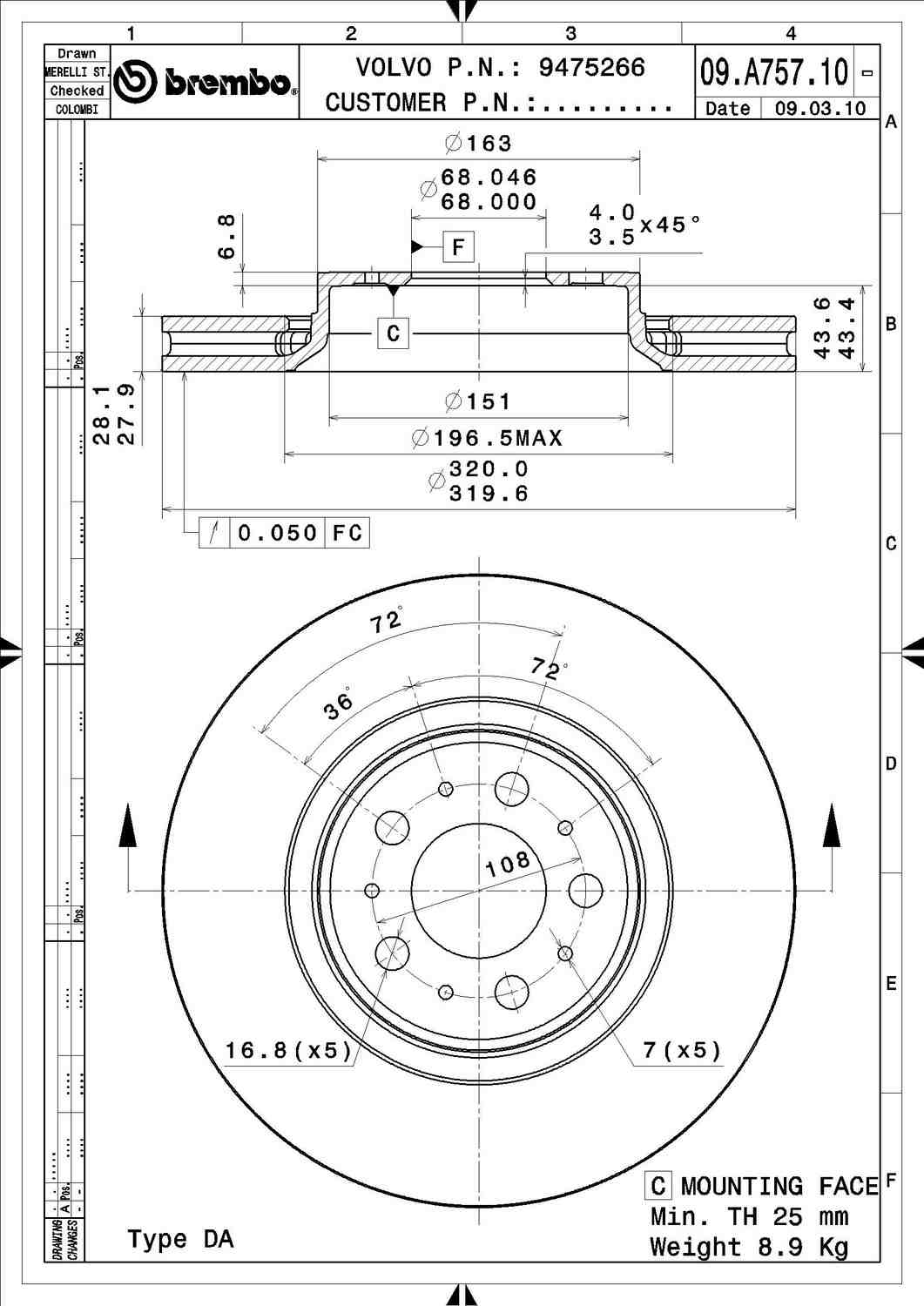 Angle View of Front Disc Brake Rotor BREMBO 09.A757.11