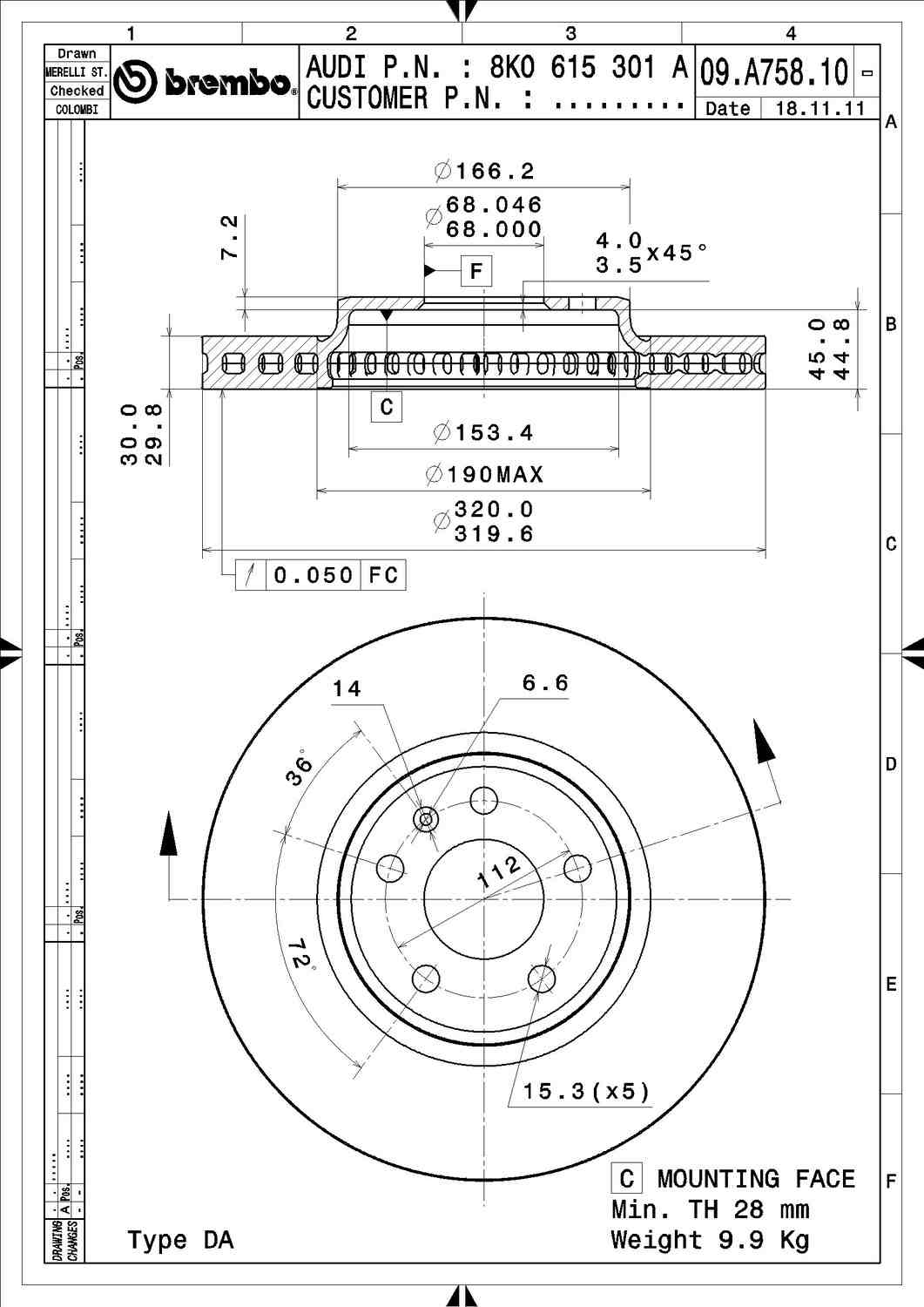 Angle View of Front Disc Brake Rotor BREMBO 09.A758.11