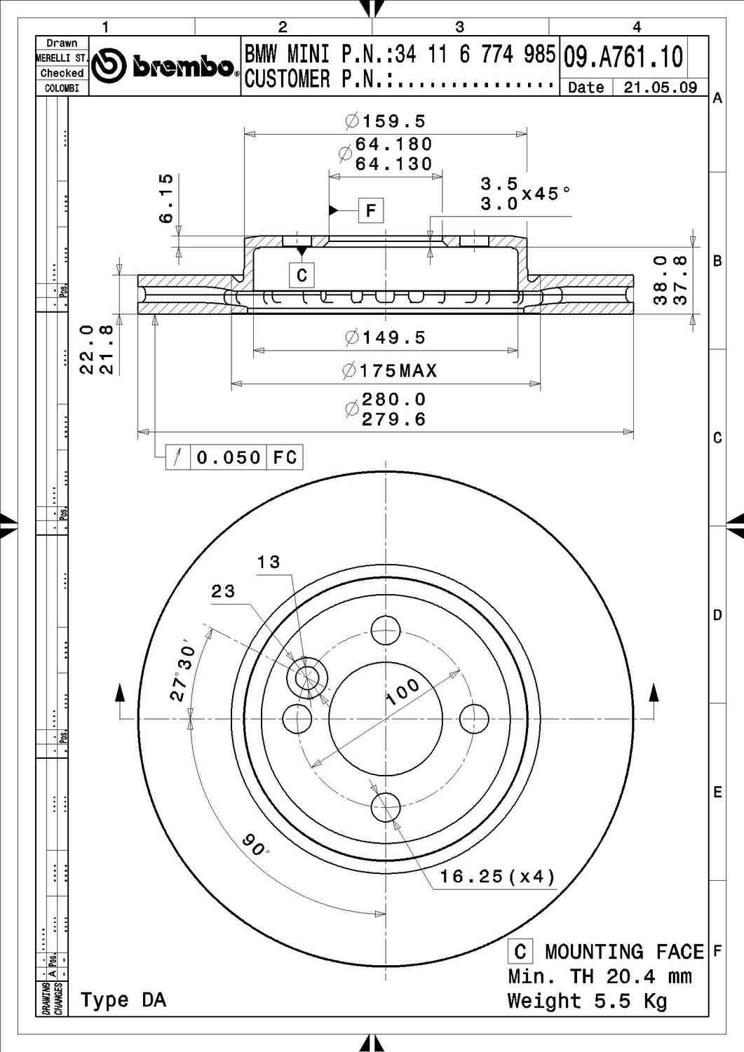 Angle View of Front Disc Brake Rotor BREMBO 09.A761.11