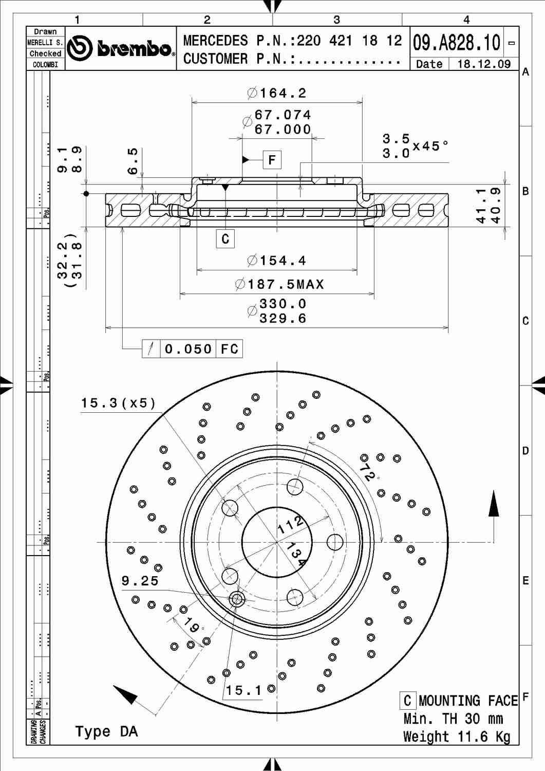 Angle View of Front Disc Brake Rotor BREMBO 09.A828.11