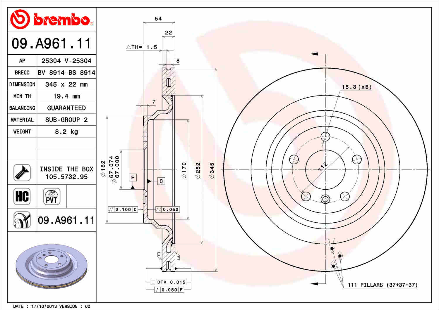 Angle View of Rear Disc Brake Rotor BREMBO 09.A961.11