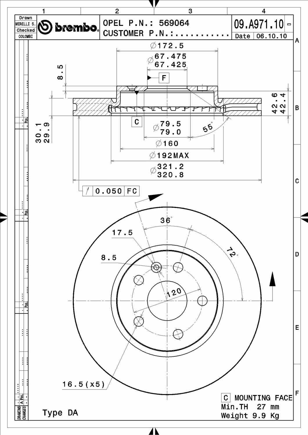 Angle View of Front Disc Brake Rotor BREMBO 09.A971.11