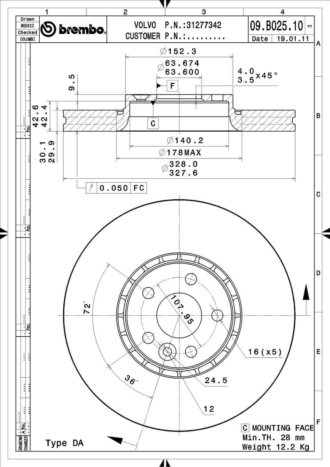 Angle View of Front Disc Brake Rotor BREMBO 09.B025.11