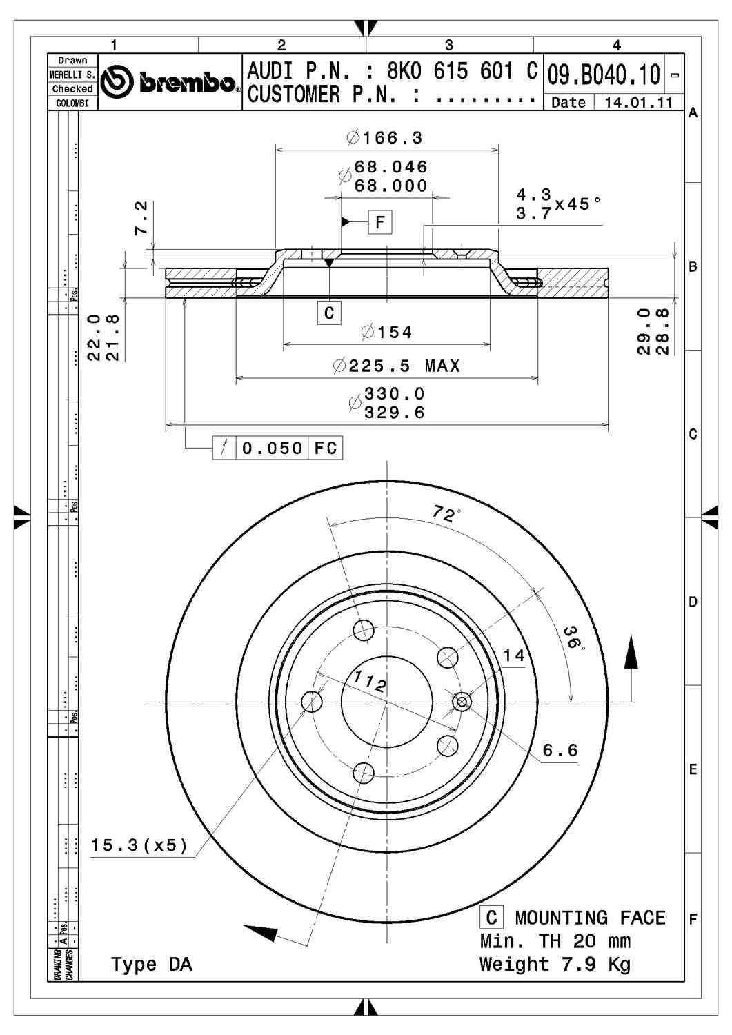 Angle View of Rear Disc Brake Rotor BREMBO 09.B040.11