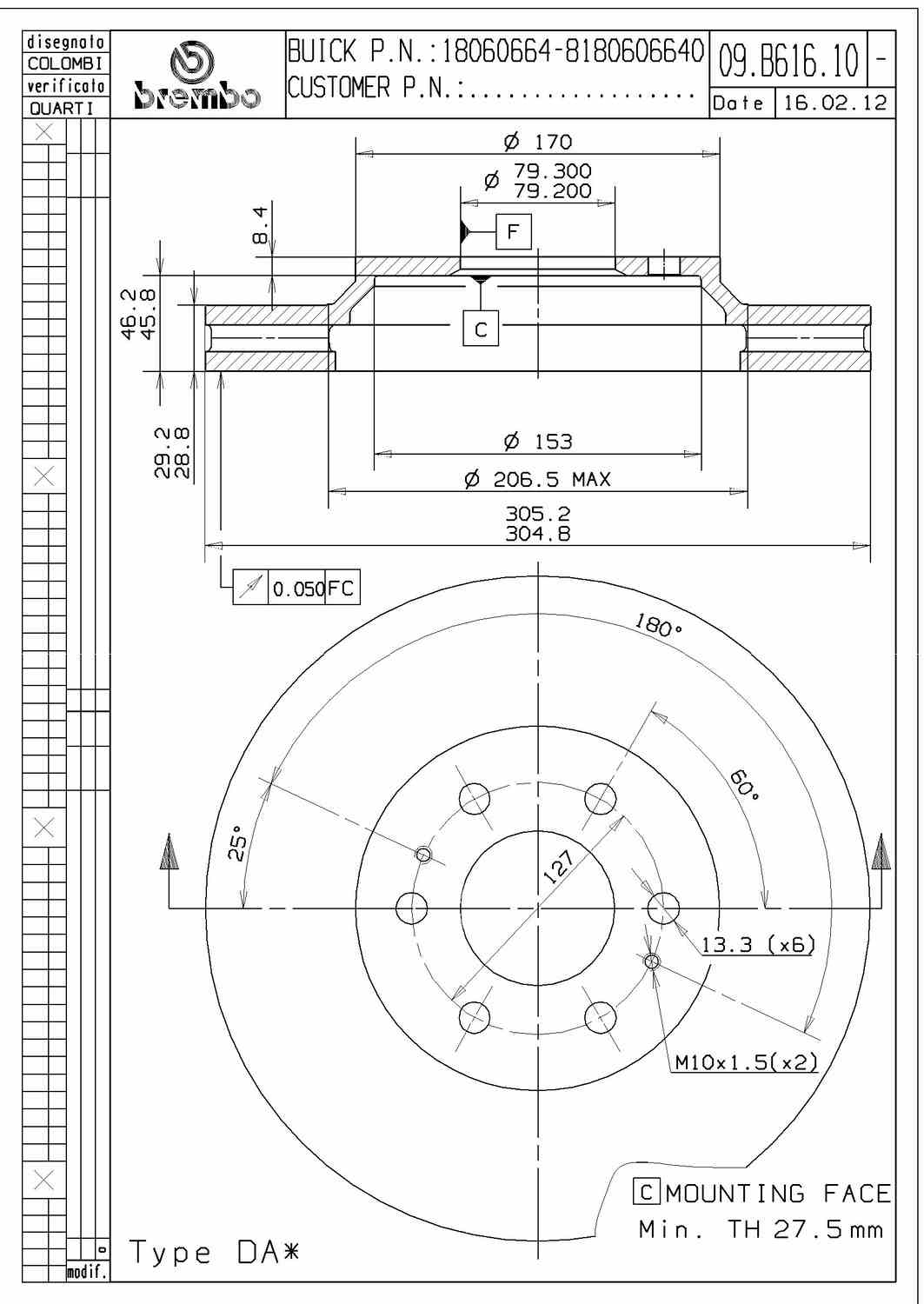 Angle View of Front Disc Brake Rotor BREMBO 09.B616.11