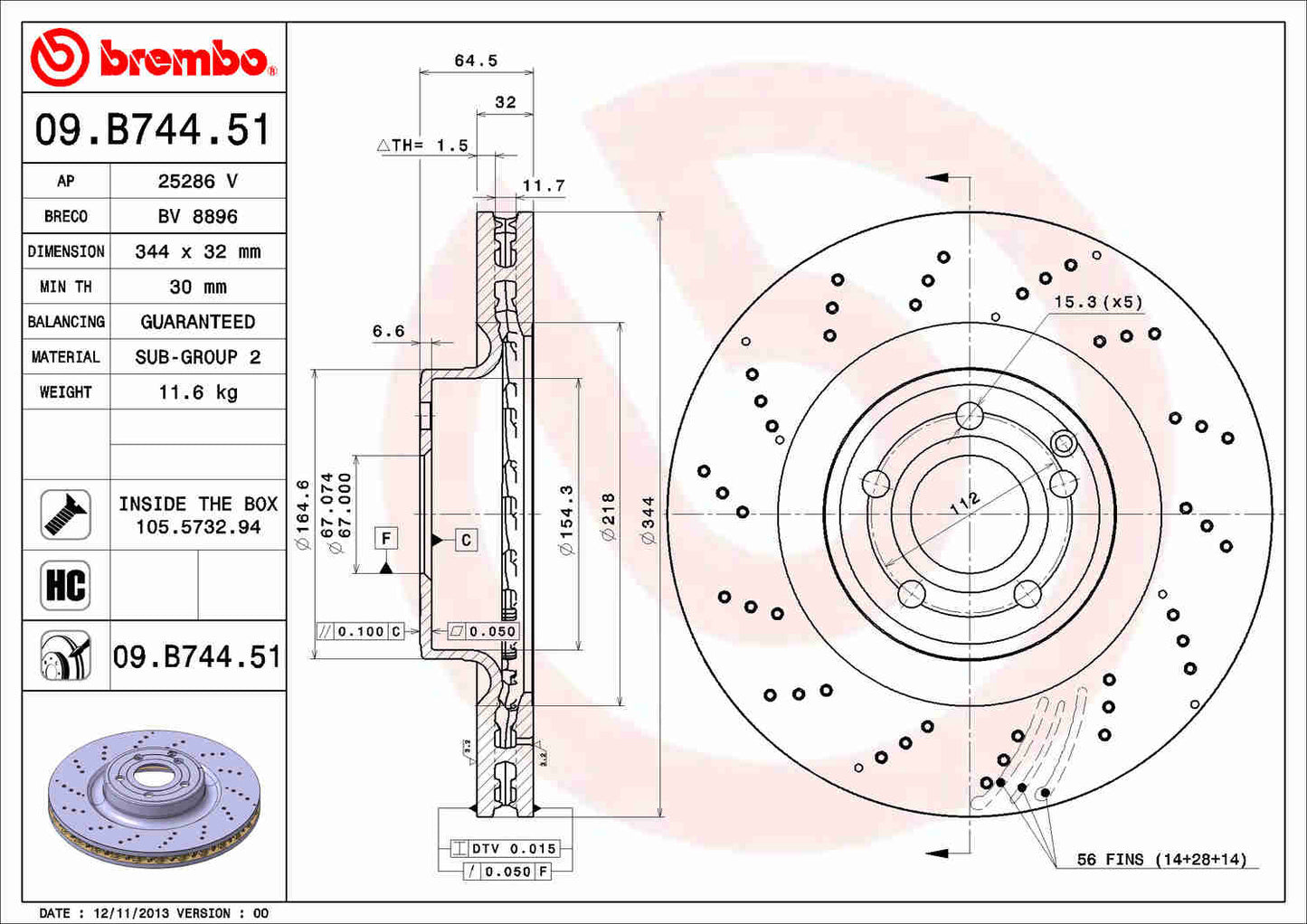 Angle View of Front Disc Brake Rotor BREMBO 09.B744.51