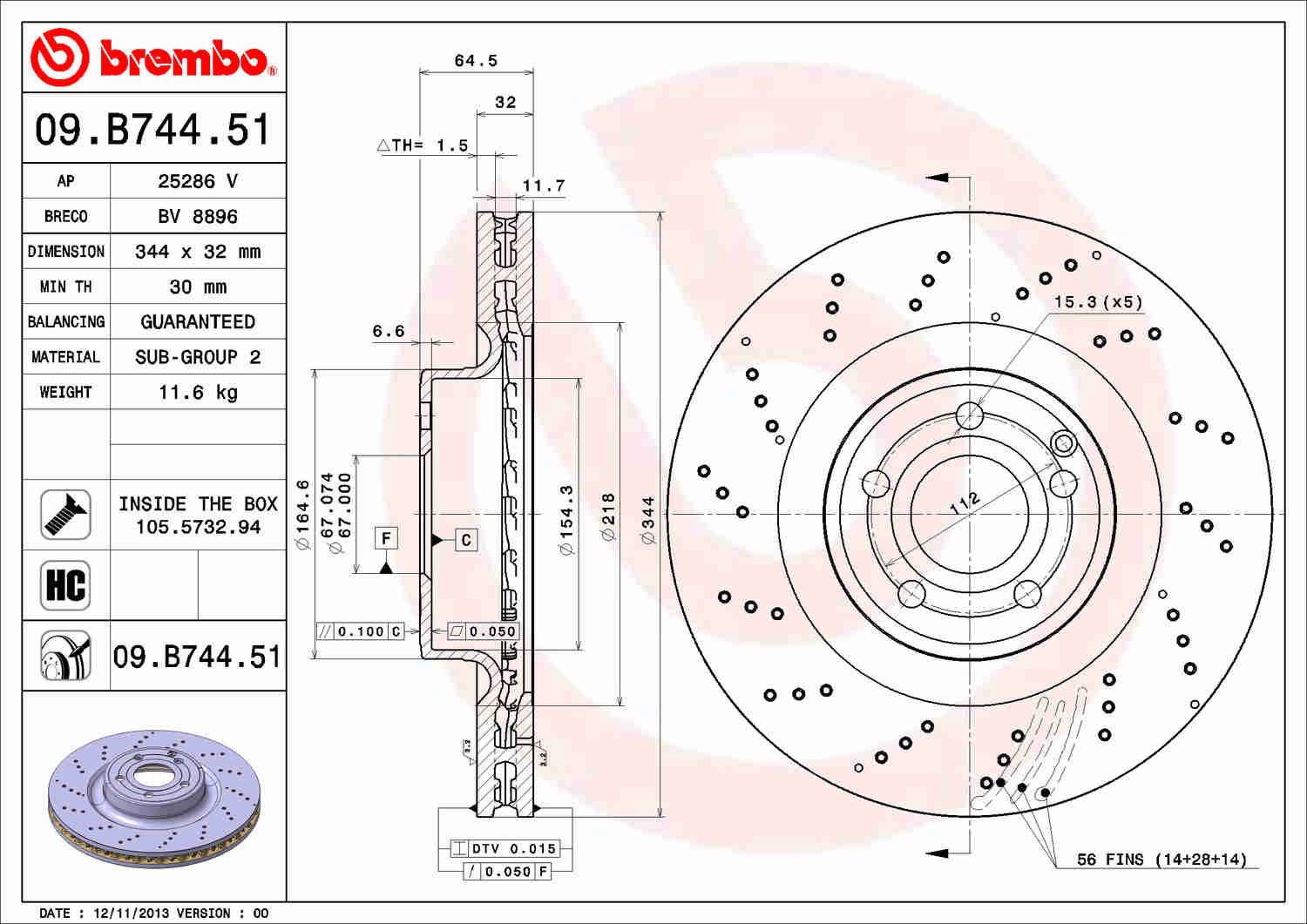 Angle View of Front Disc Brake Rotor BREMBO 09.B744.51