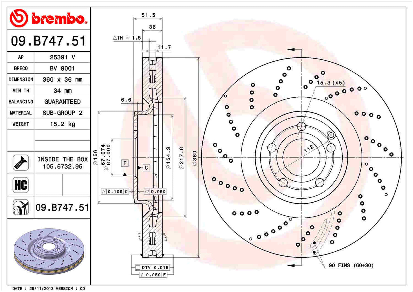 Angle View of Front Disc Brake Rotor BREMBO 09.B747.51