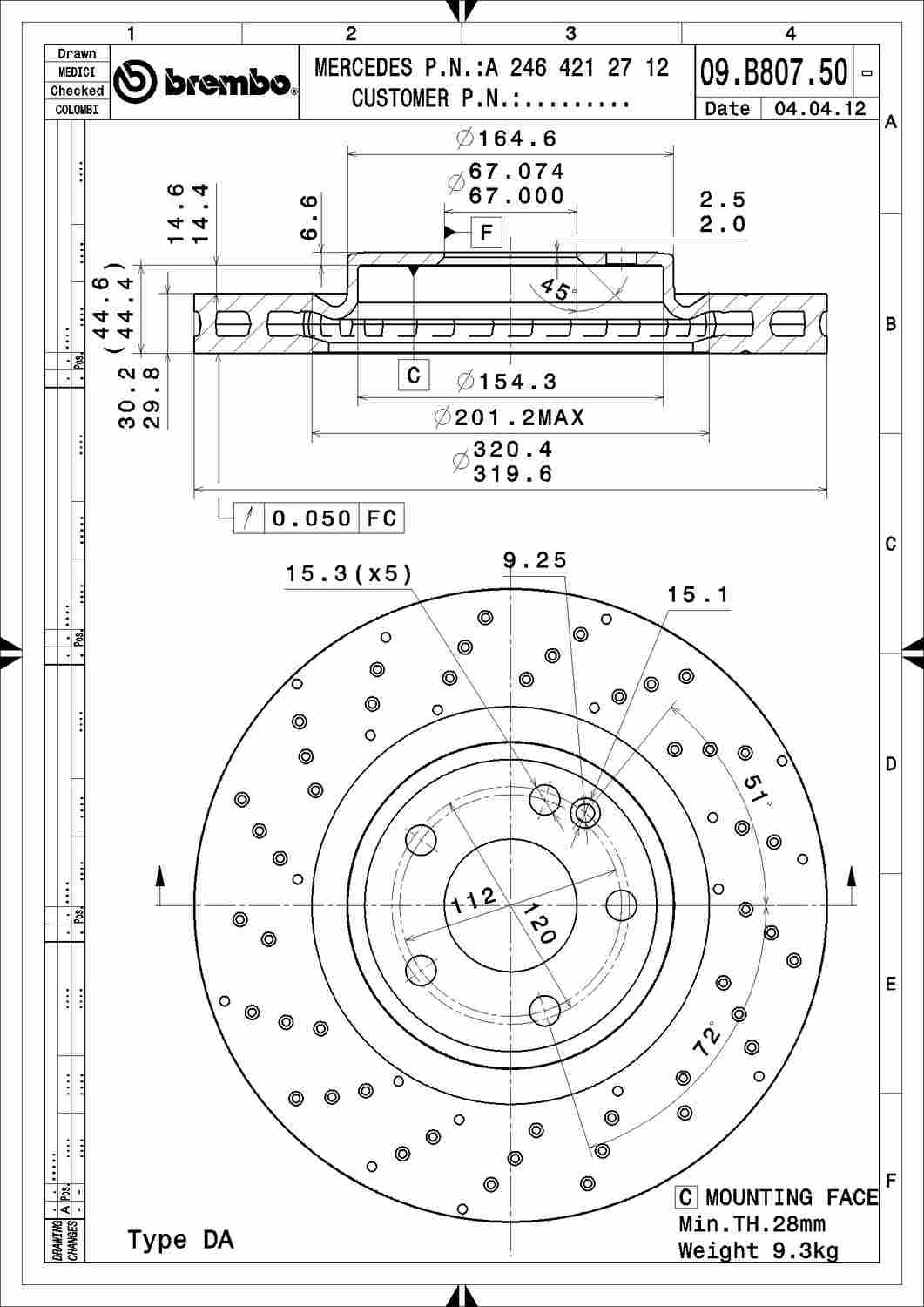 Angle View of Front Disc Brake Rotor BREMBO 09.B807.51