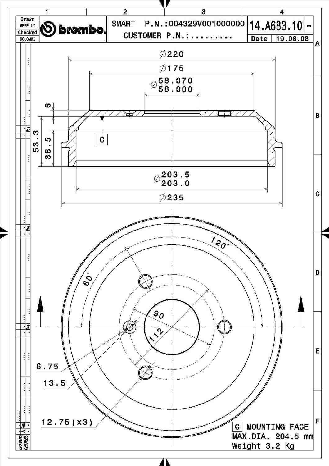 Angle View of Rear Brake Drum BREMBO 14.A683.10