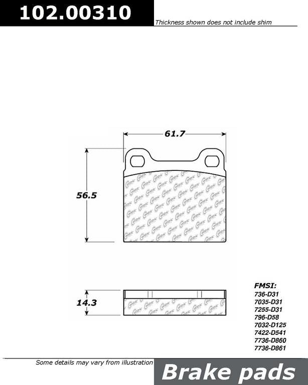 Front View of Rear Disc Brake Pad Set CENTRIC 102.00310