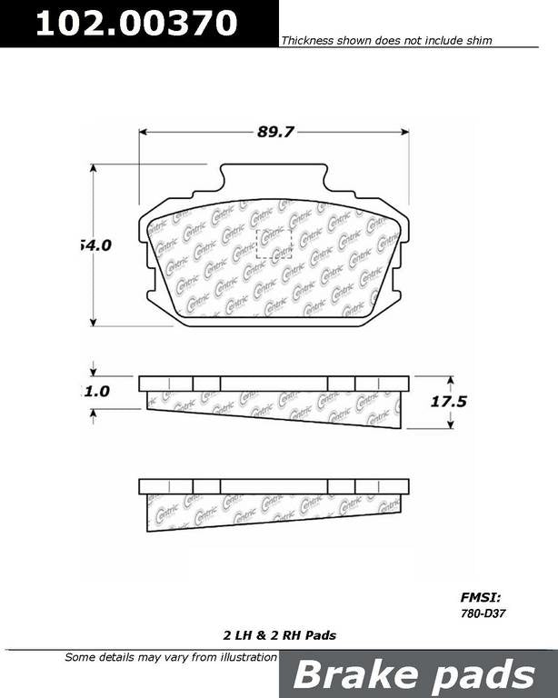 Front View of Front Disc Brake Pad Set CENTRIC 102.00370