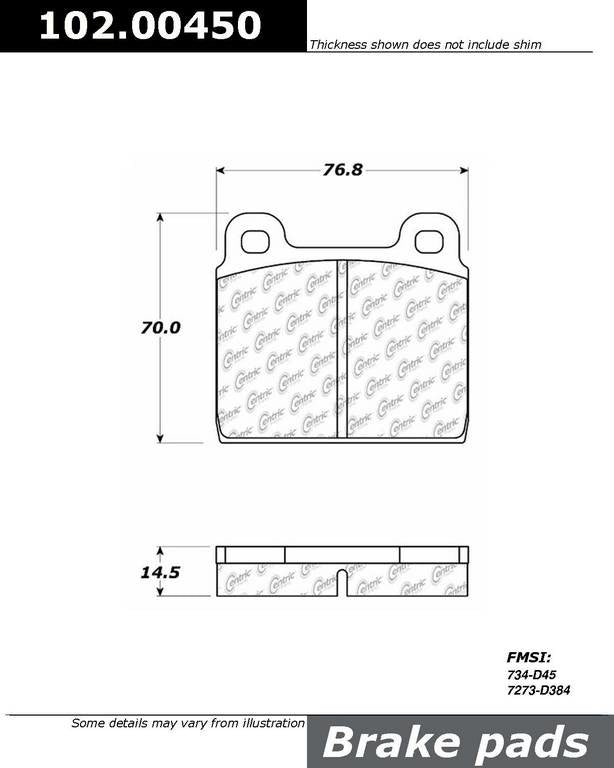 Front View of Front Disc Brake Pad Set CENTRIC 102.00450