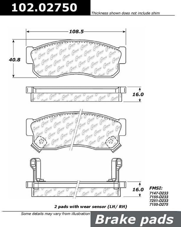 Front View of Front Disc Brake Pad Set CENTRIC 102.02750