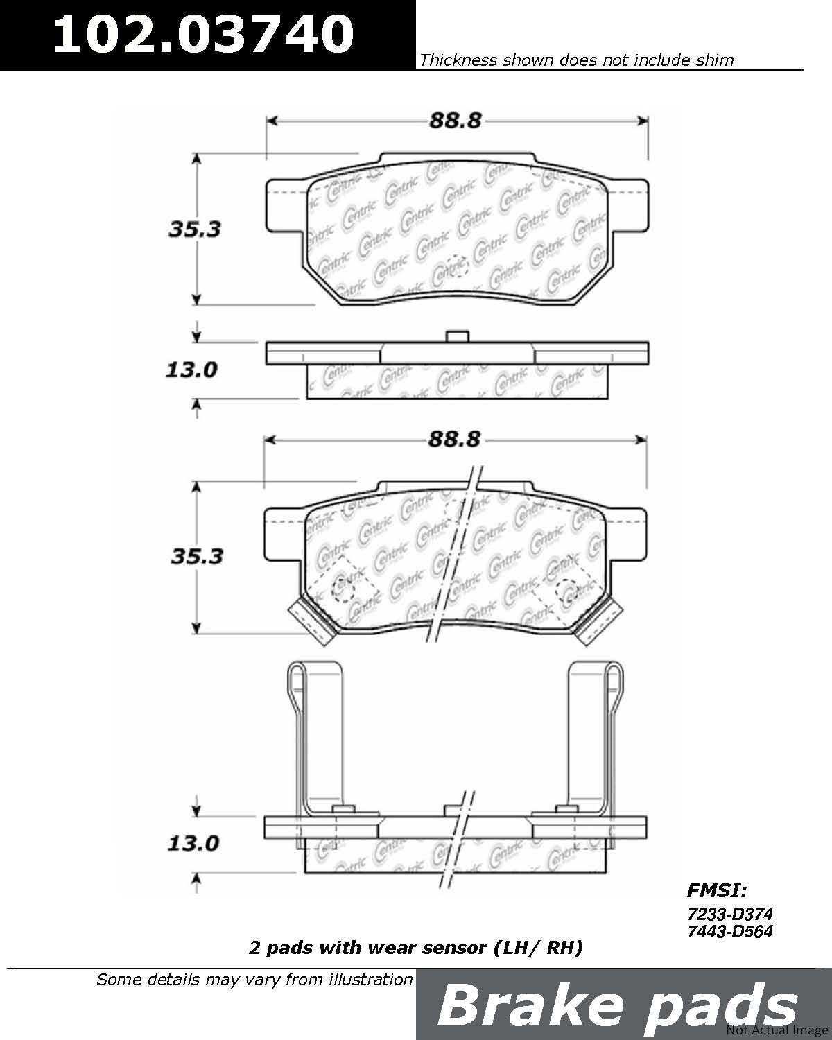 Front View of Rear Disc Brake Pad Set CENTRIC 102.03740