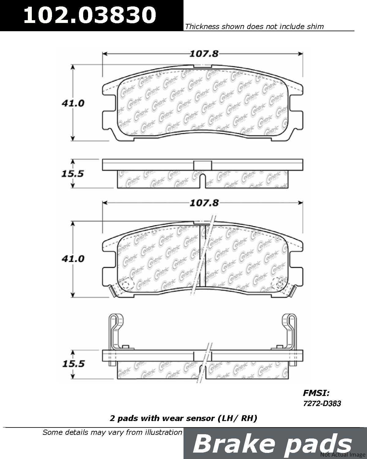 Front View of Rear Disc Brake Pad Set CENTRIC 102.03830