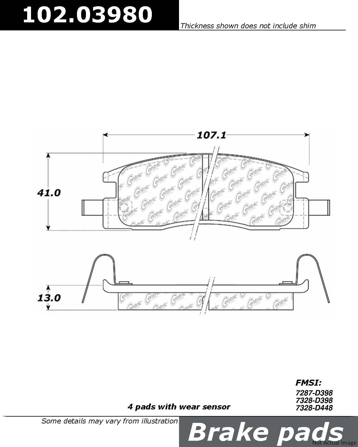 Front View of Rear Disc Brake Pad Set CENTRIC 102.03980