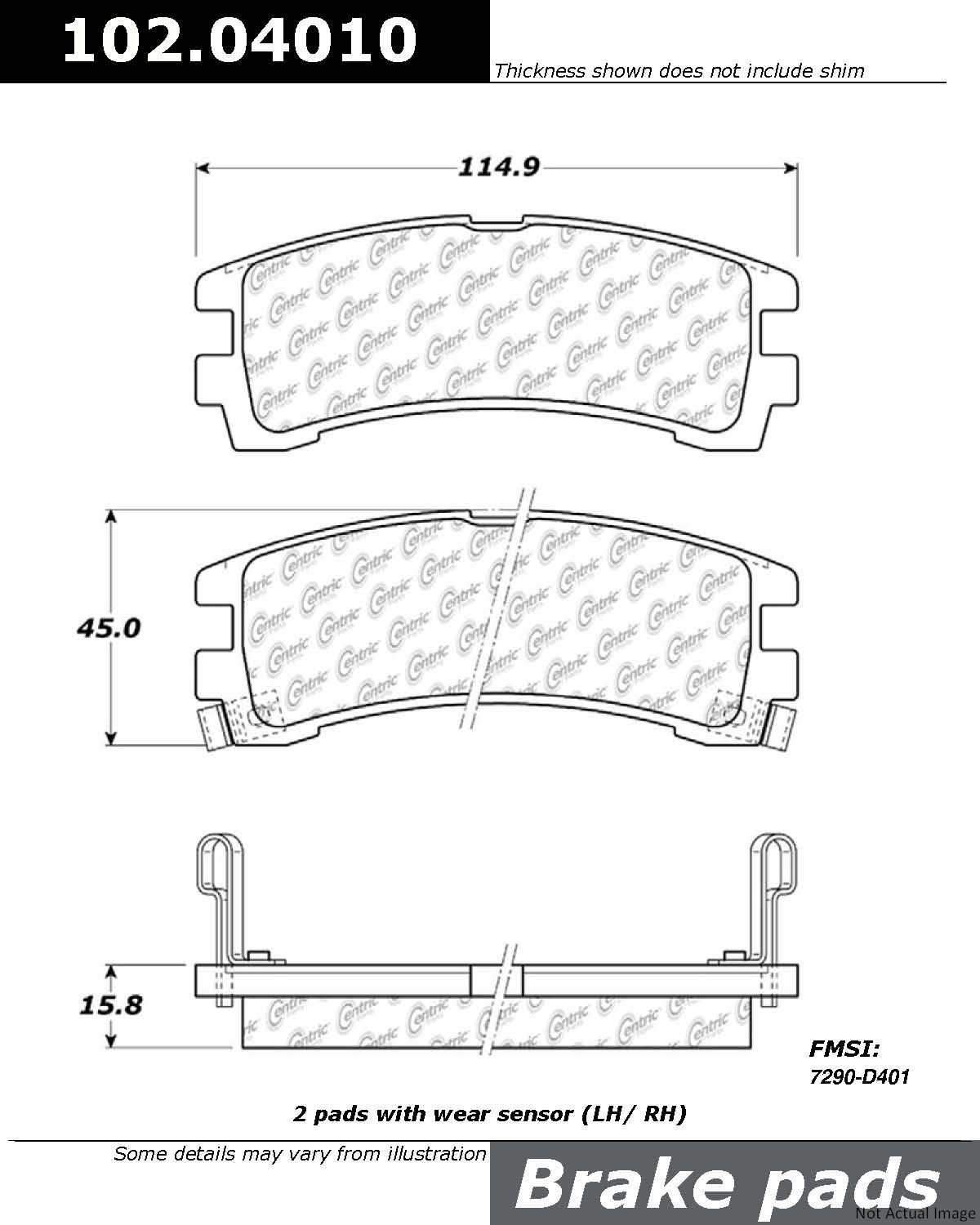 Front View of Rear Disc Brake Pad Set CENTRIC 102.04010