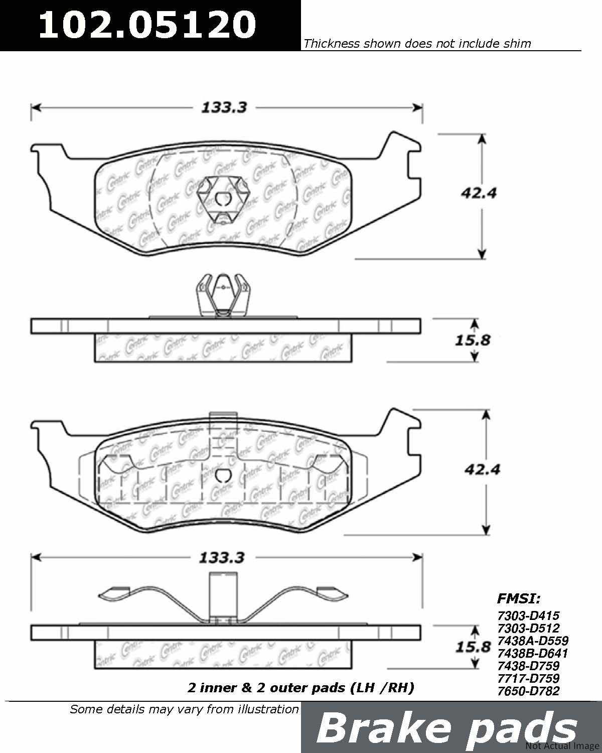 Front View of Rear Disc Brake Pad Set CENTRIC 102.05120